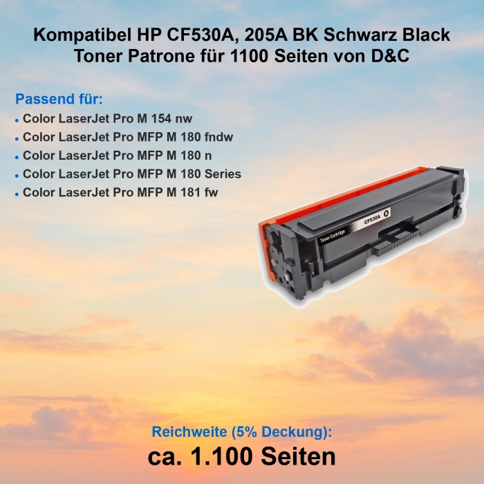 Kompatibel HP CF530A, 205A BK Schwarz Black Toner Patrone...