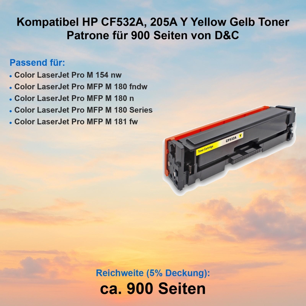 Kompatibel HP CF532A, 205A Y Yellow Gelb Toner Patrone für 900 Seiten von D&C