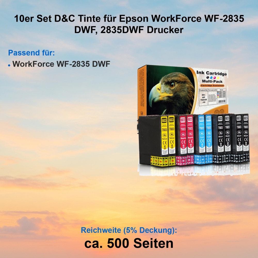 Kompatibel 10er Tintenset für Epson WorkForce WF-2835DWF (Seestern, T03A6, 603XL, C13T03A64010) Druckerpatronen für Epson WorkForce WF-2835 DWF Drucker