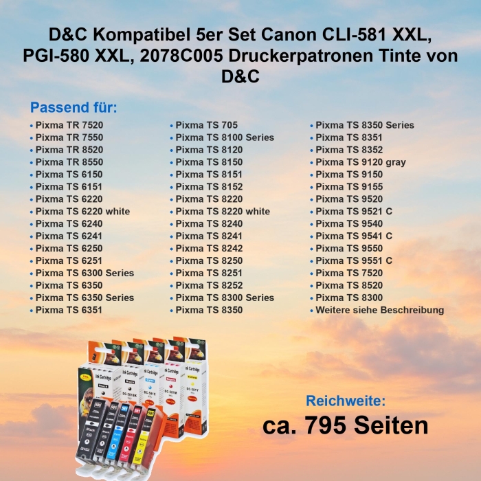 D&C Kompatibel 5er Set Canon CLI-581 XXL, PGI-580 XXL, 2078C005 Druckerpatronen Tinte von D&C