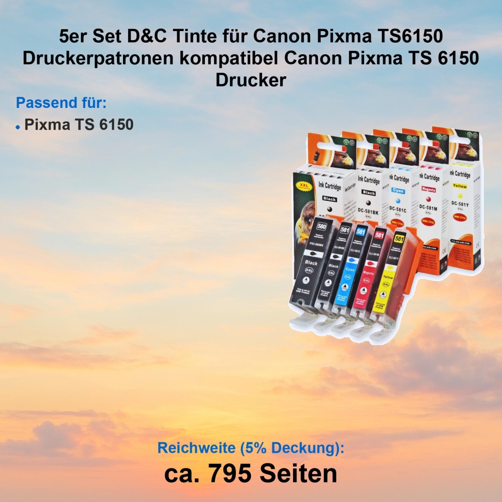 Kompatibel 5er Tintenset für Canon Pixma TS6150 (CLI-581 XXL, PGI-580 XXL, 2078C005) Druckerpatronen für Canon Pixma TS 6150 Drucker