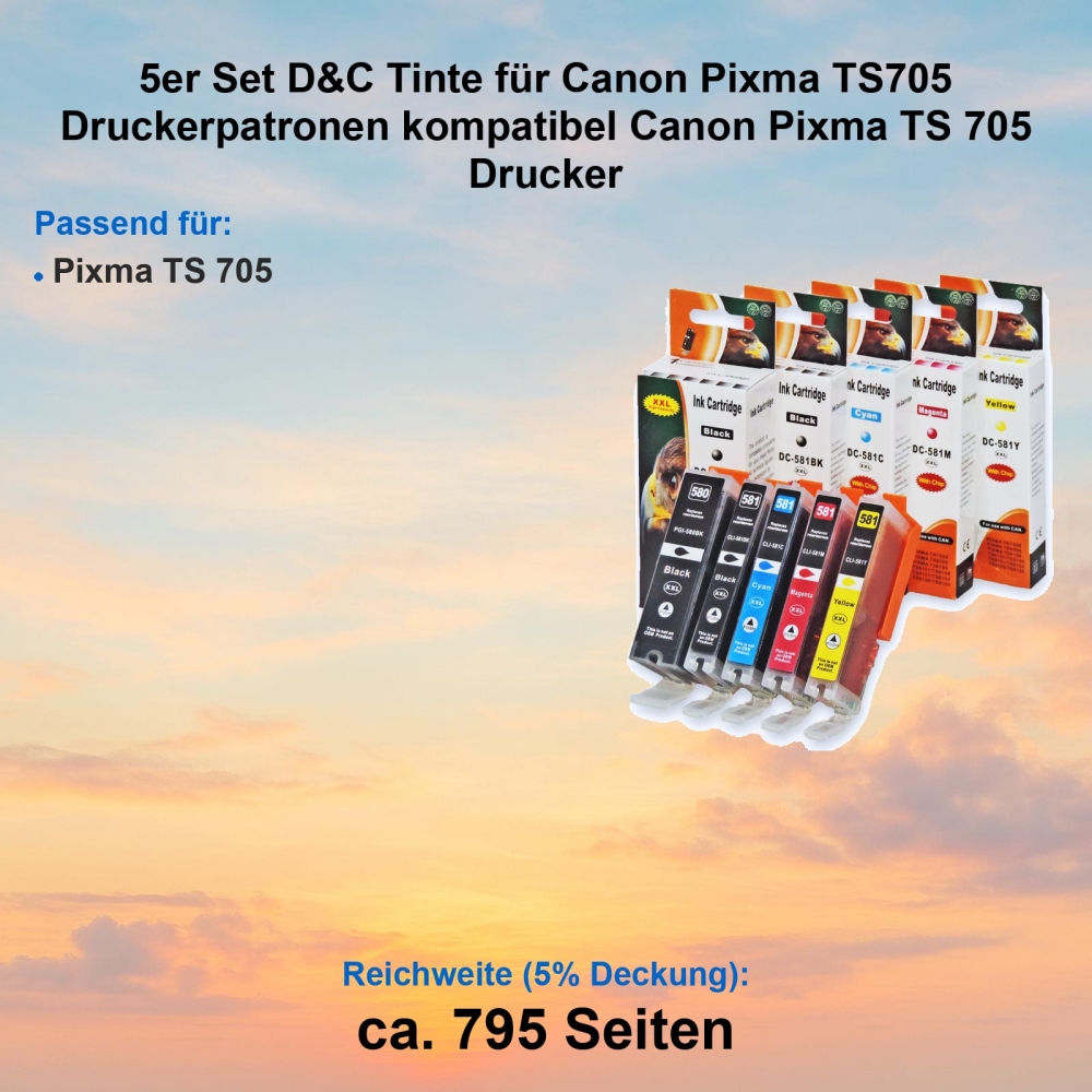 Kompatibel 5er Tintenset für Canon Pixma TS705 (CLI-581 XXL, PGI-580 XXL, 2078C005) Druckerpatronen für Canon Pixma TS 705 Drucker