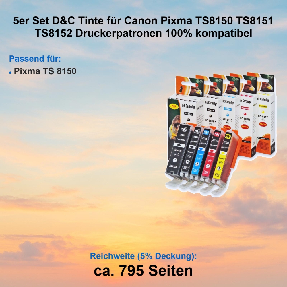 5er Set D&C Tinte für Canon Pixma TS8150 TS8151 TS8152 Druckerpatronen 100% kompatibel