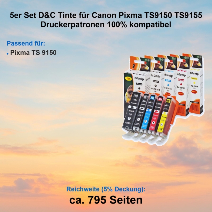 5er Set D&C Tinte für Canon Pixma TS9150 TS9155 Druckerpatronen 100% kompatibel