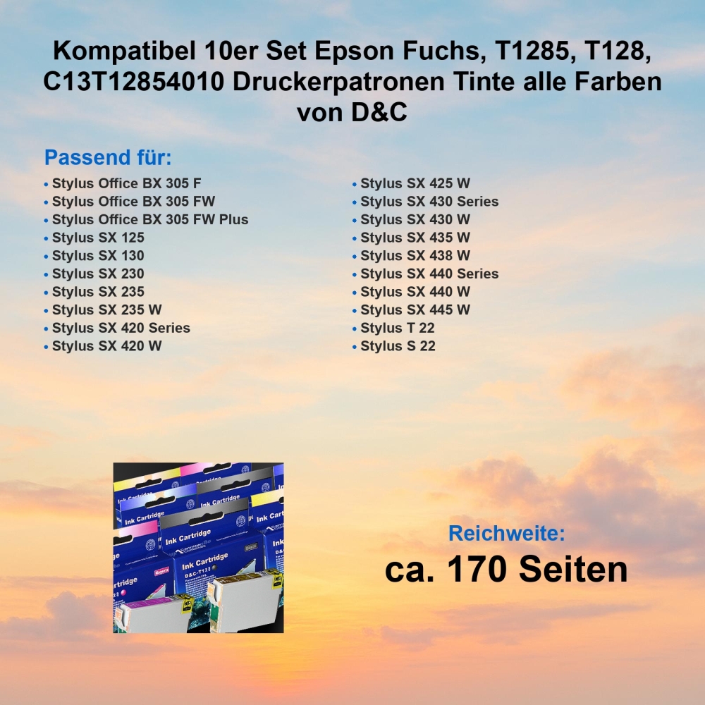 Kompatibel 10er Set Epson Fuchs, T1285, T128, C13T12854010 Druckerpatronen Tinte alle Farben von D&C
