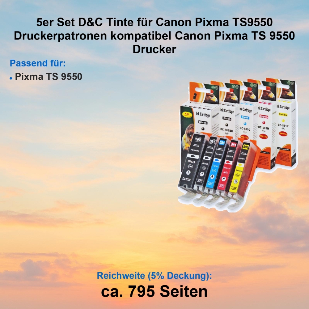 Kompatibel 5er Tintenset für Canon Pixma TS9550 (CLI-581 XXL, PGI-580 XXL, 2078C005) Druckerpatronen für Canon Pixma TS 9550 Drucker