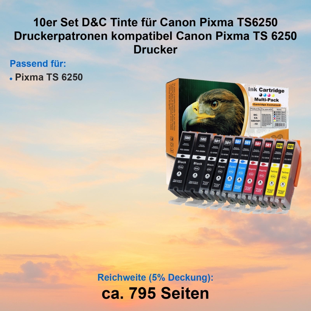 Kompatibel 10er Tintenset für Canon Pixma TS6250 (CLI-581 XXL, PGI-580 XXL) Druckerpatronen für Canon Pixma TS 6250 Drucker