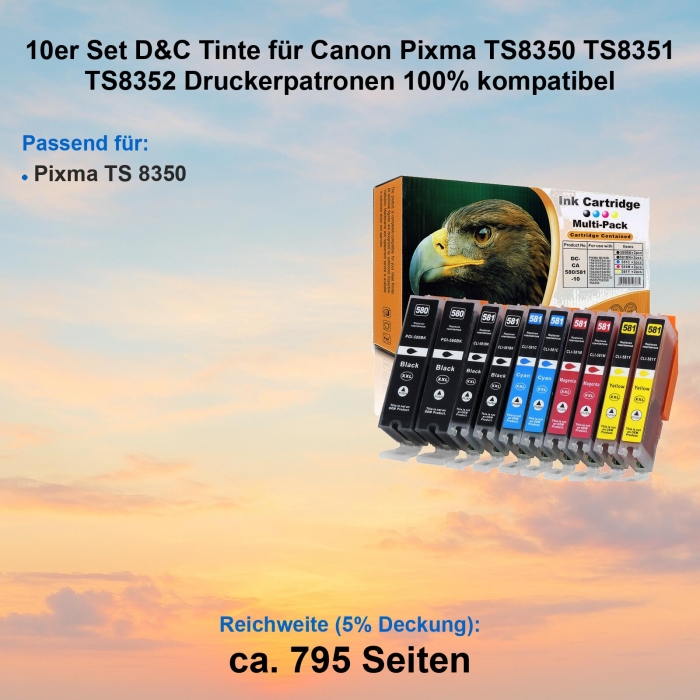 10er Set D&C Tinte für Canon Pixma TS8350 TS8351 TS8352 Druckerpatronen 100% kompatibel