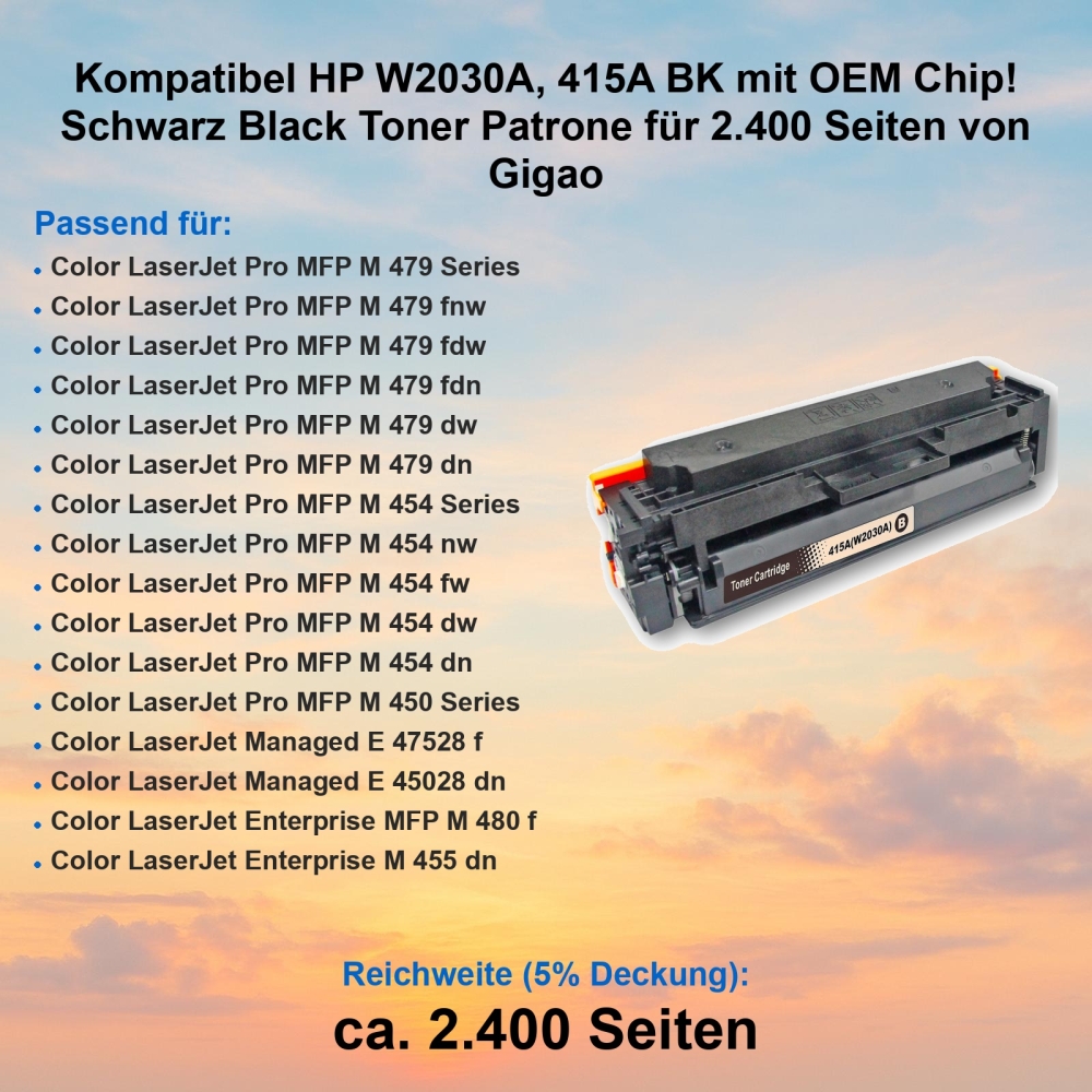 Kompatibel HP W2030A, 415A BK mit OEM Chip! Schwarz Black Toner Patrone für 2.400 Seiten von Gigao