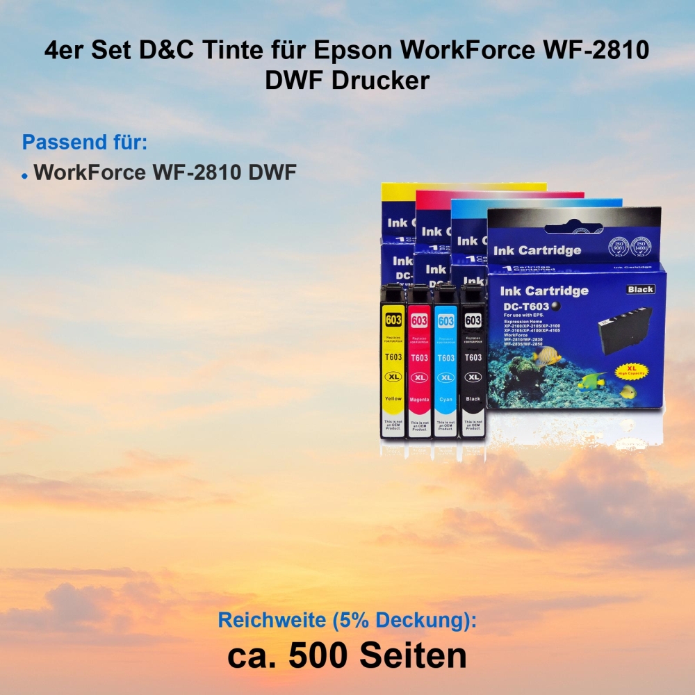 Kompatibel 4er Tintenset für Epson WorkForce WF-2810DWF (Seestern, T03A6, 603XL, C13T03A64010) Druckerpatronen für Epson WorkForce WF-2810 DWF Drucker