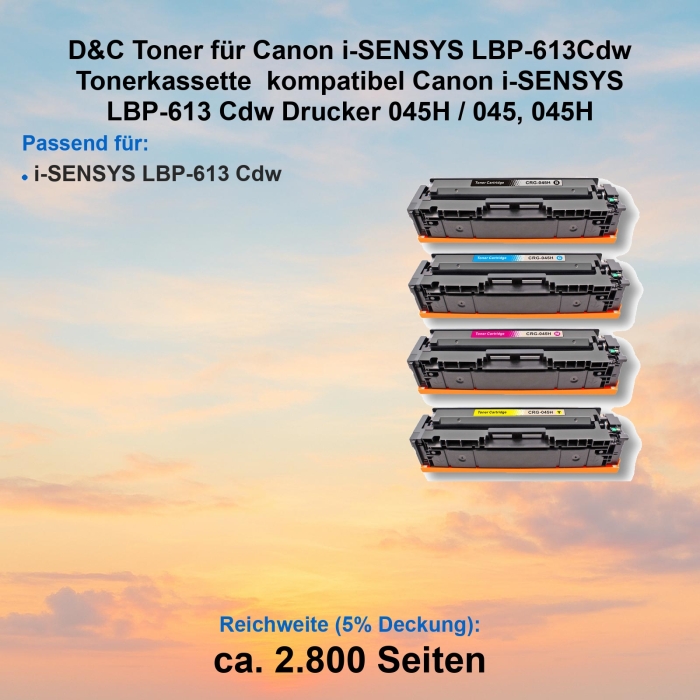 Kompatibel 4 Toner Sparset für Canon i-SENSYS LBP-613 Cdw (045H / 045, 045H) Tonerkassetten für Canon i-SENSYS LBP-613 Cdw Drucker