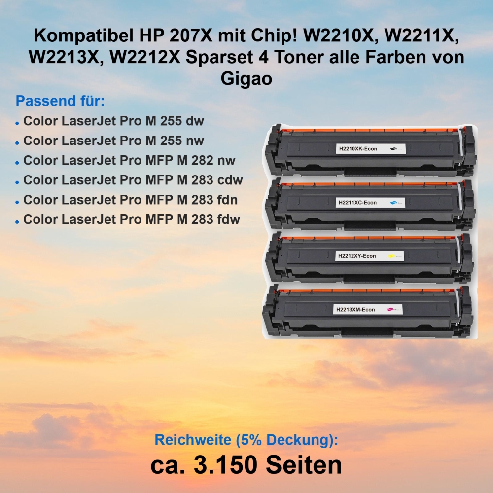 Kompatibel HP 207X mit Chip! W2210X, W2211X, W2213X, W2212X Sparset 4 Toner alle Farben von Gigao