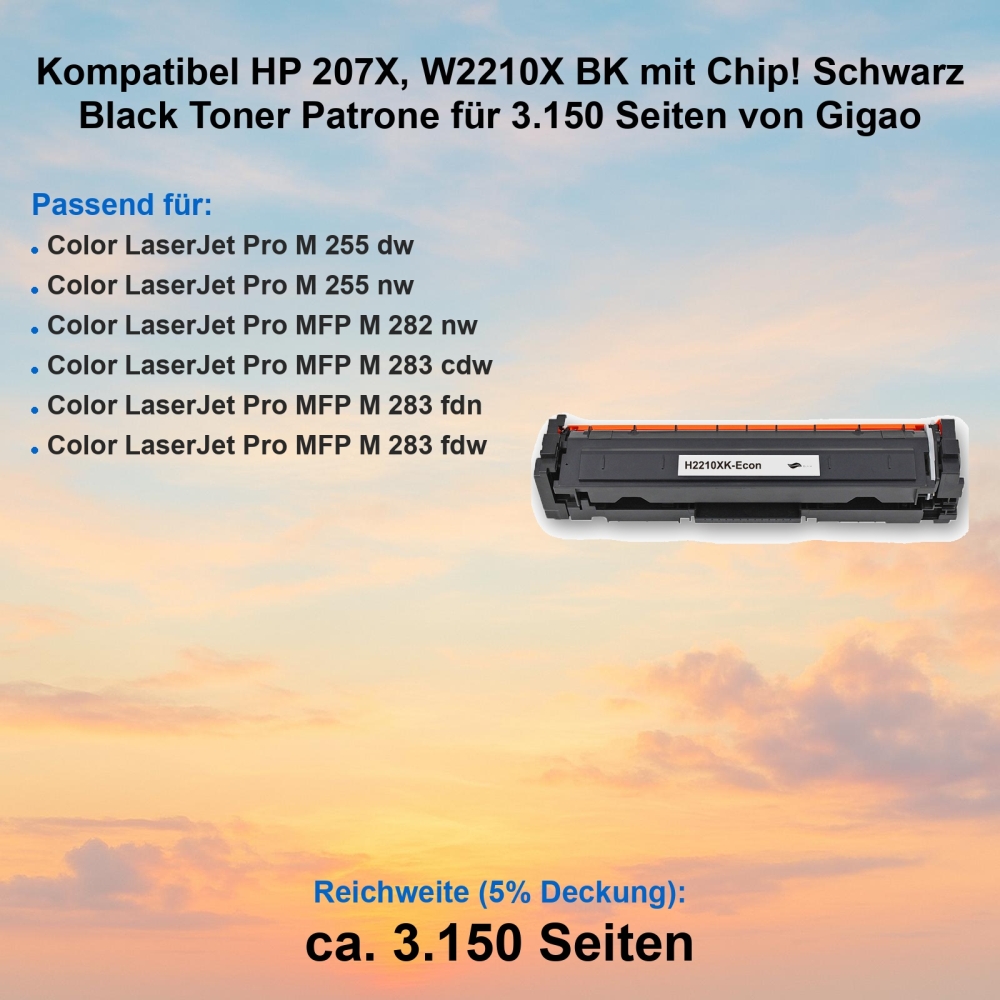 Kompatibel HP 207X, W2210X BK mit Chip! Schwarz Black Toner Patrone für 3.150 Seiten von Gigao
