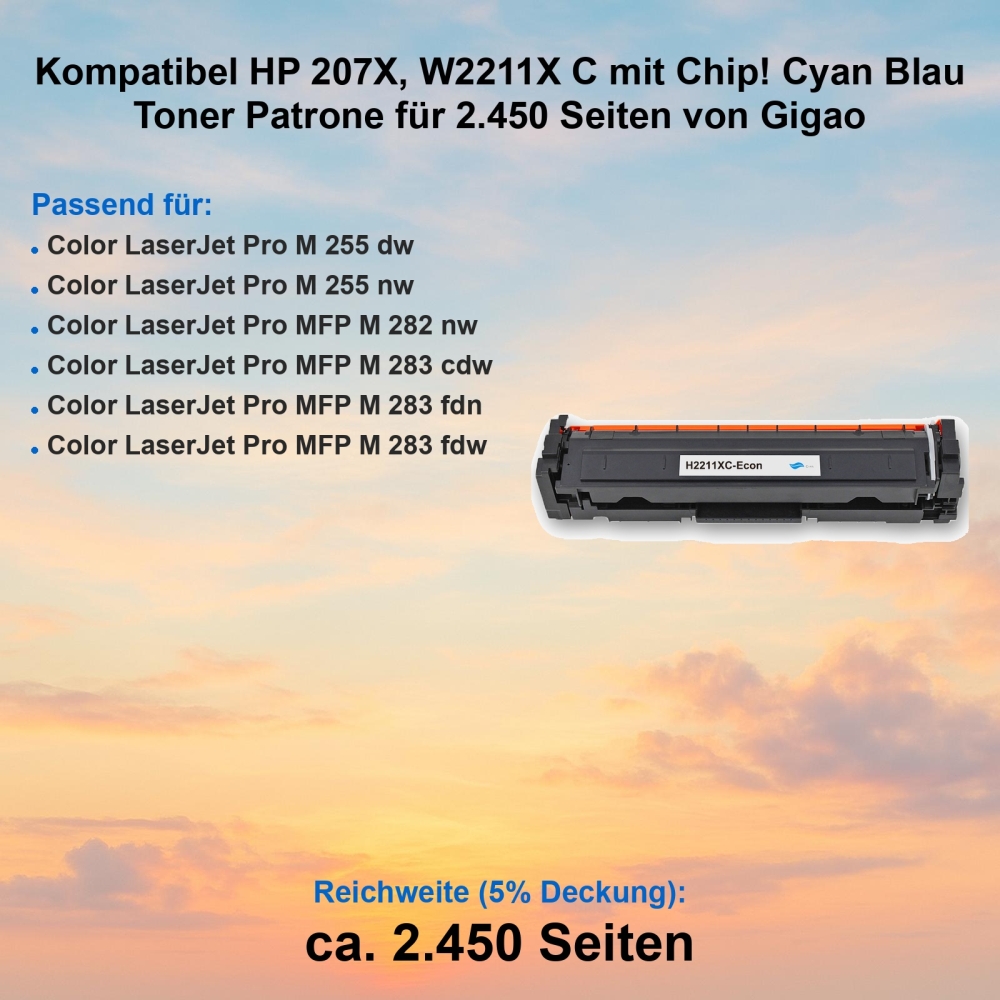 Kompatibel HP 207X, W2211X C mit Chip! Cyan Blau Toner Patrone für 2.450 Seiten von Gigao
