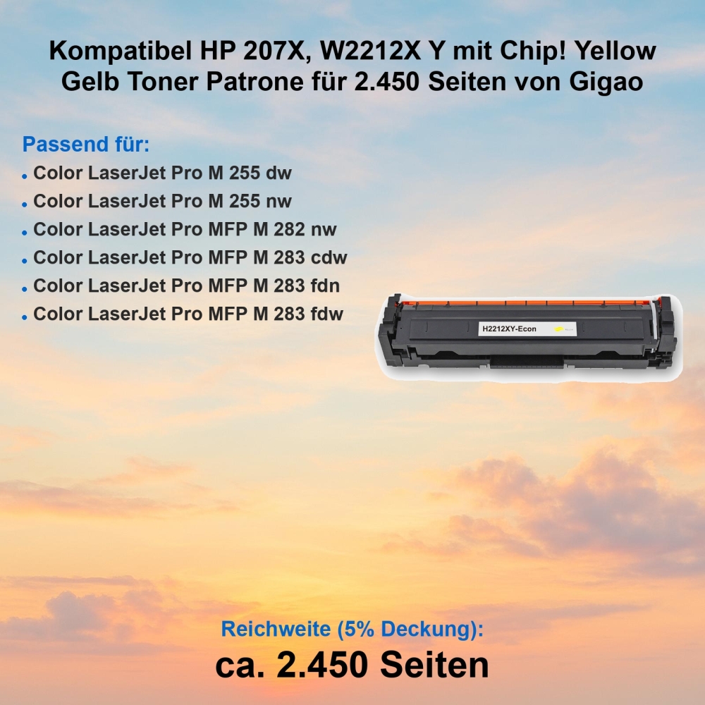 Kompatibel HP 207X, W2212X Y mit Chip! Yellow Gelb Toner Patrone für 2.450 Seiten von Gigao