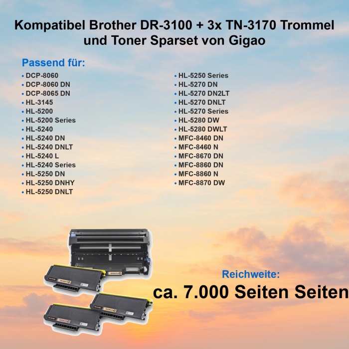 Kompatibel Brother DR-3100 + 3x TN-3170 Trommel und Toner Sparset von Gigao