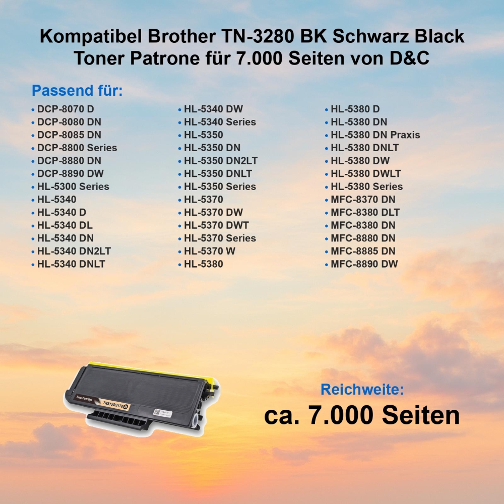 Kompatibel Brother TN-3280 BK Schwarz Black Toner Patrone für 7.000 Seiten von D&C