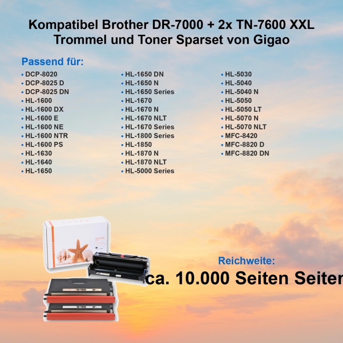 Kompatibel Brother DR-7000 + 2x TN-7600 XXL Trommel und Toner Sparset von Gigao