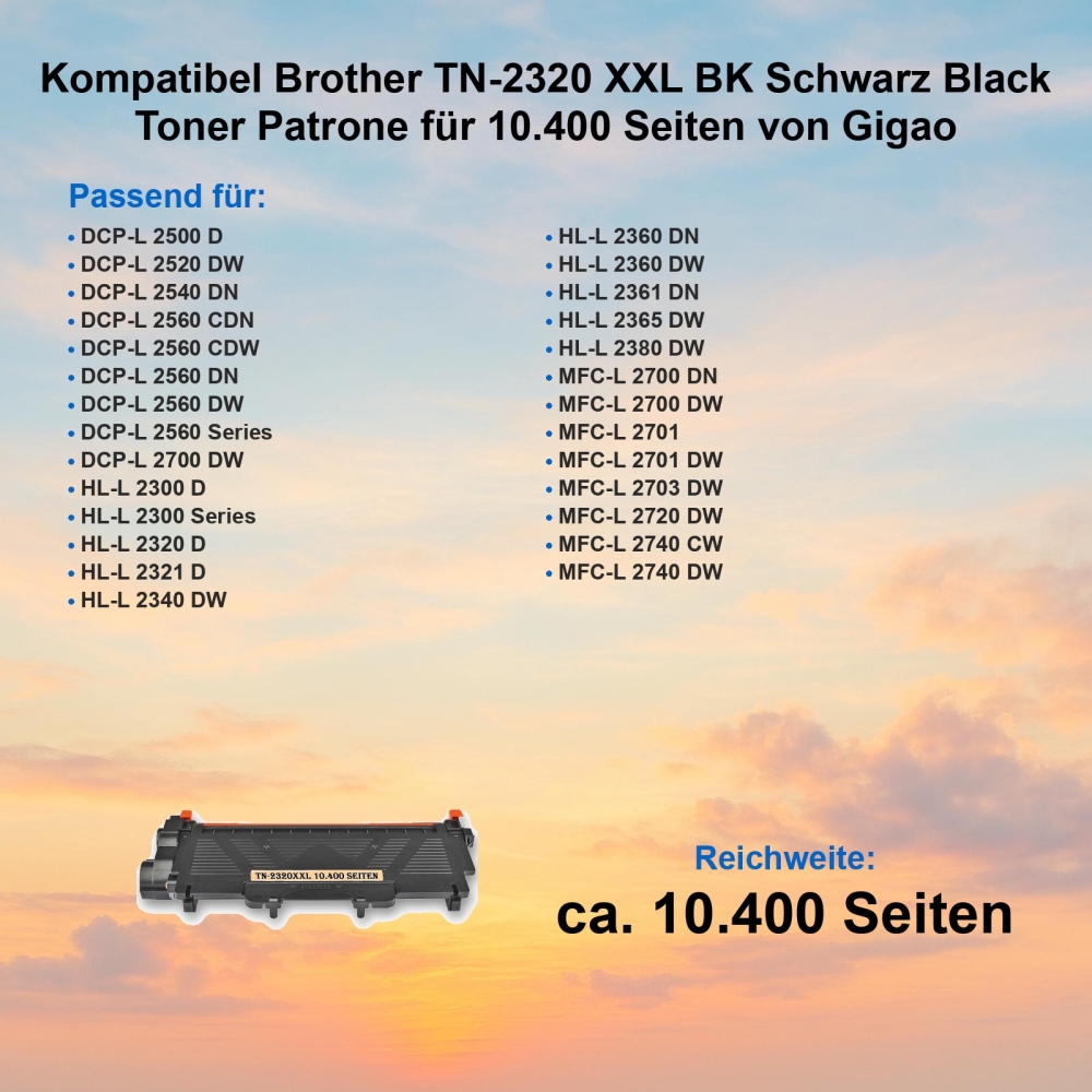 Kompatibel Brother TN-2320 XXL BK Schwarz Black Toner Patrone für 10.400 Seiten von Gigao