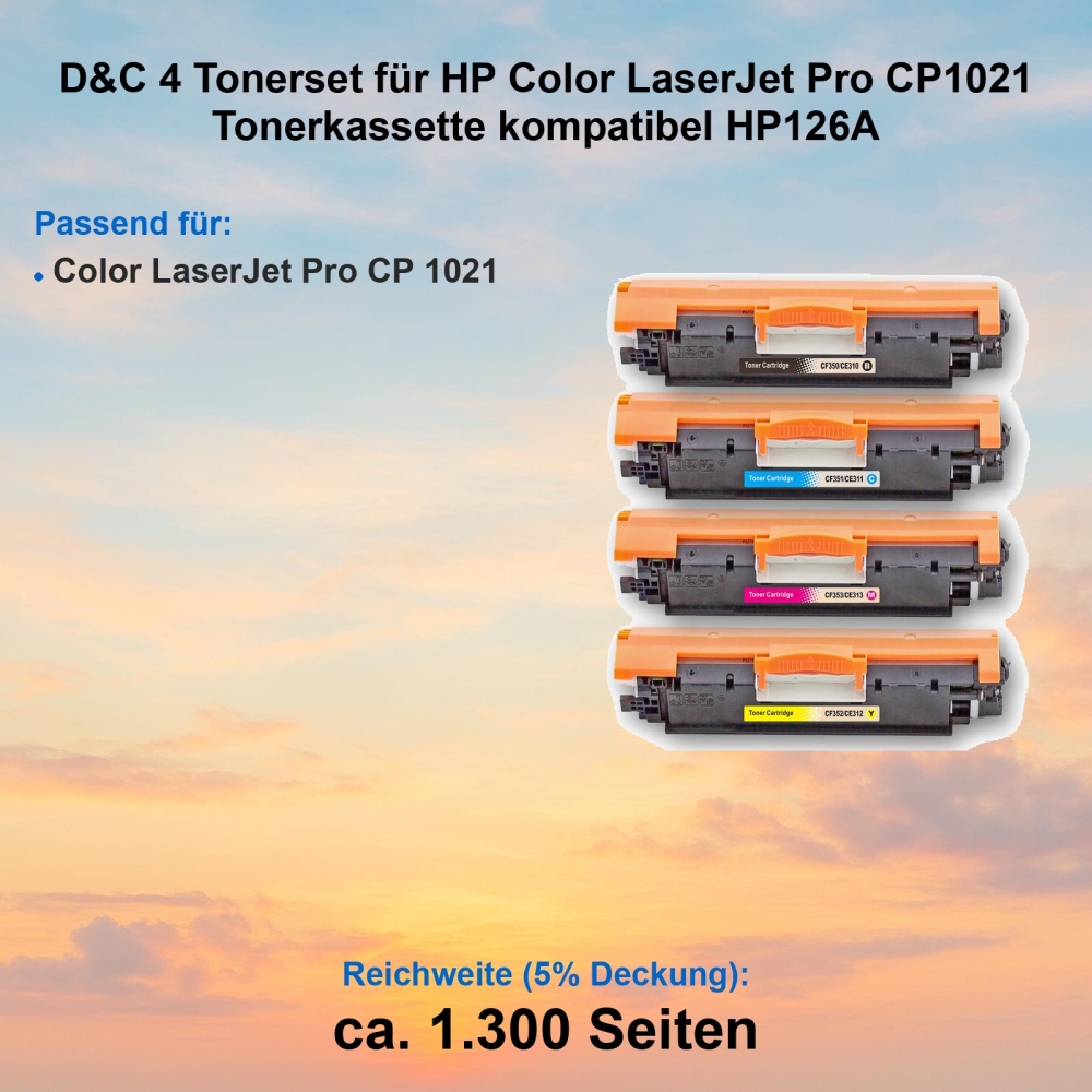 Kompatibel 4er Tonerset für HP Color LaserJet Pro CP 1021 (126A) Tonerkassetten für HP Color LaserJet Pro CP 1021 Drucker