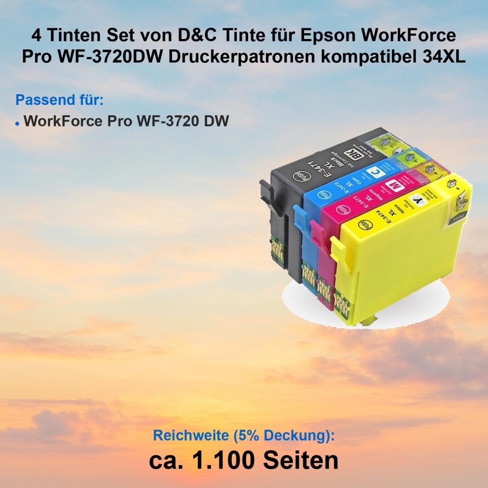 Kompatibel 4er Tintenset für Epson WorkForce Pro WF-3720DW (Golfball, T3476, 34XL, C13T34764010) Druckerpatronen für Epson WorkForce Pro WF-3720 DW Drucker