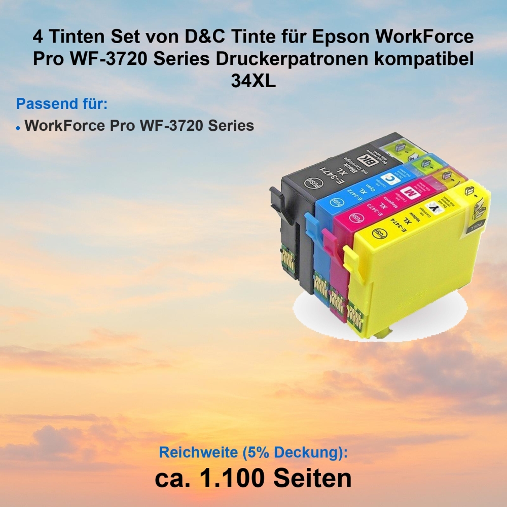 Kompatibel 4er Tintenset für Epson WorkForce Pro WF-3720 Series (Golfball, T3476, 34XL, C13T34764010) Druckerpatronen für Epson WorkForce Pro WF-3720 Series Drucker