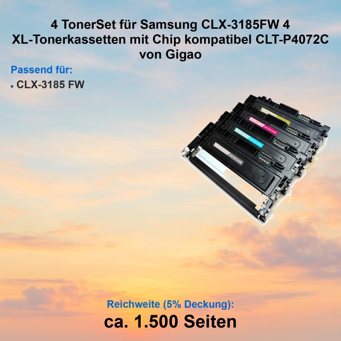 Kompatibel 4er Tonerset für Samsung CLX-3185FW (CLT-P4072C) Tonerkassetten für Samsung CLX-3185 FW Drucker