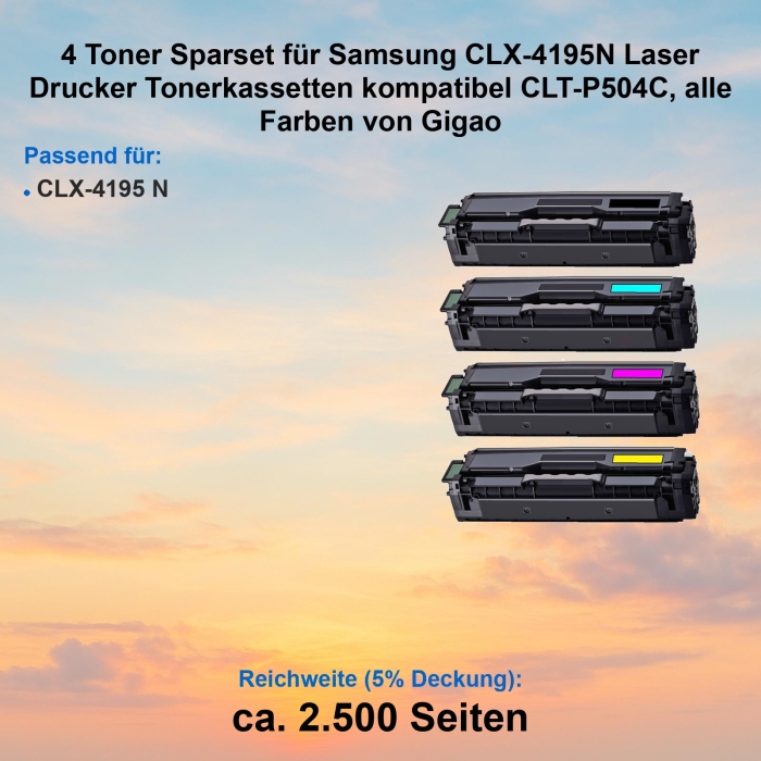 Kompatibel 4er Tonerset für Samsung CLX-4195N (CLT-P504C) Tonerkassetten für Samsung CLX-4195 N Drucker