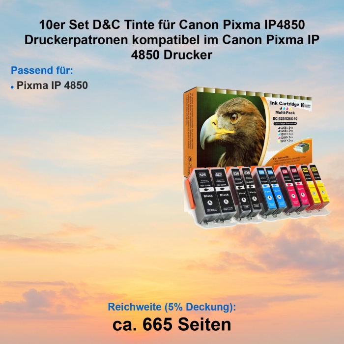 Kompatibel 10er Tintenset für Canon Pixma IP4850 (PGI-525, CLI-526) Druckerpatronen für Canon Pixma IP 4850 Drucker