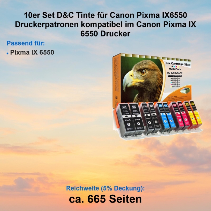 Kompatibel 10er Tintenset für Canon Pixma IX6550 (PGI-525, CLI-526) Druckerpatronen für Canon Pixma IX 6550 Drucker