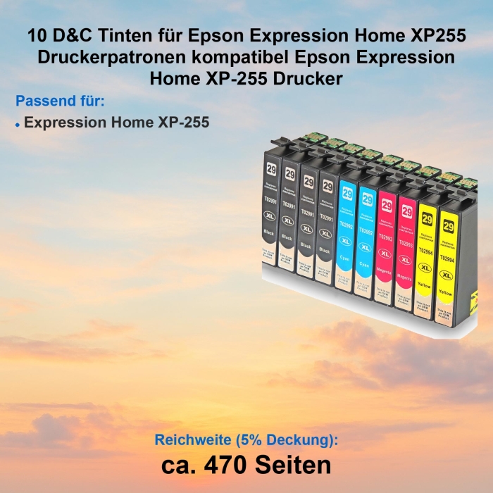 Kompatibel 10er Tintenset für Epson Expression Home XP255 (Erdbeere, 29XL, C13T29964010, T2996) Druckerpatronen für Epson Expression Home XP-255 Drucker