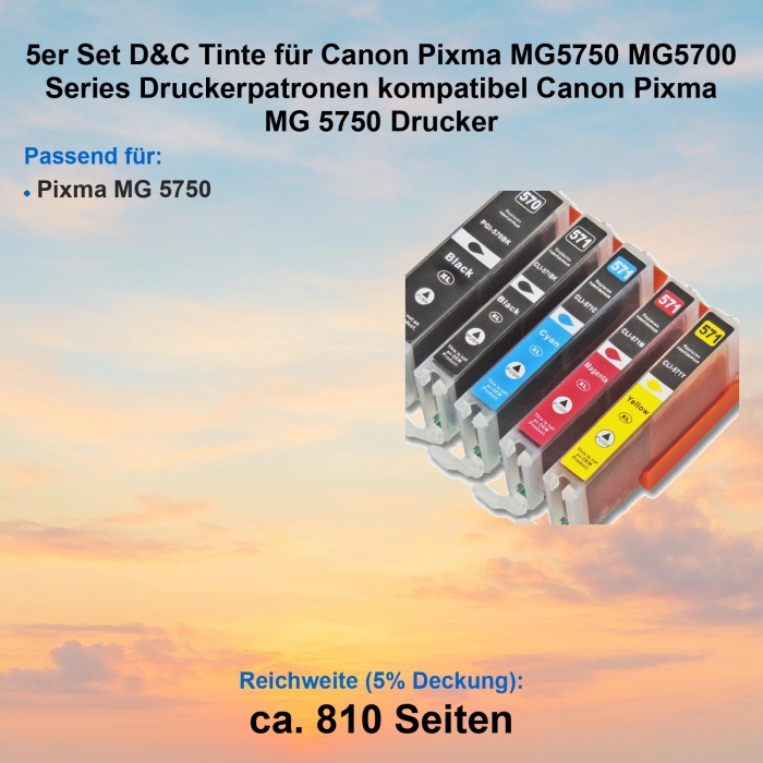 Kompatibel 5er Tintenset für Canon Pixma MG5750 (PGI-570 XL, CLI-571 XL, 0318C004AA) Druckerpatronen für Canon Pixma MG 5750 Drucker