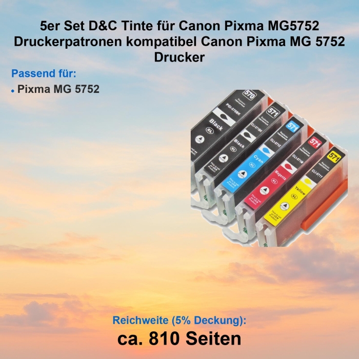 Kompatibel 5er Tintenset für Canon Pixma MG 5752 (PGI-570 XL, CLI-571 XL, 0318C004AA) Druckerpatronen für Canon Pixma MG 5752 Drucker