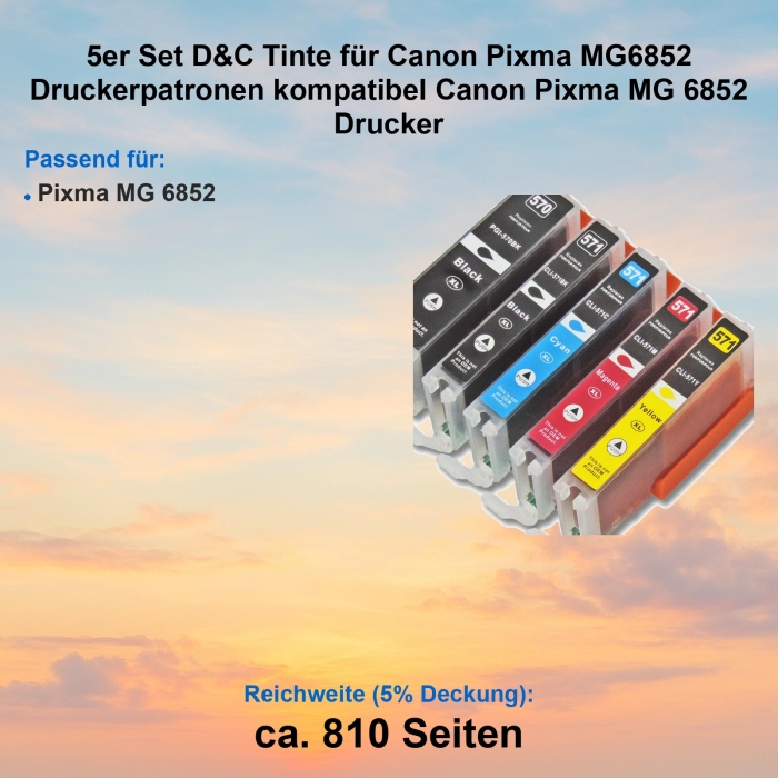 Kompatibel 5er Tintenset für Canon Pixma MG 6852 (PGI-570 XL, CLI-571 XL, 0318C004AA) Druckerpatronen für Canon Pixma MG 6852 Drucker