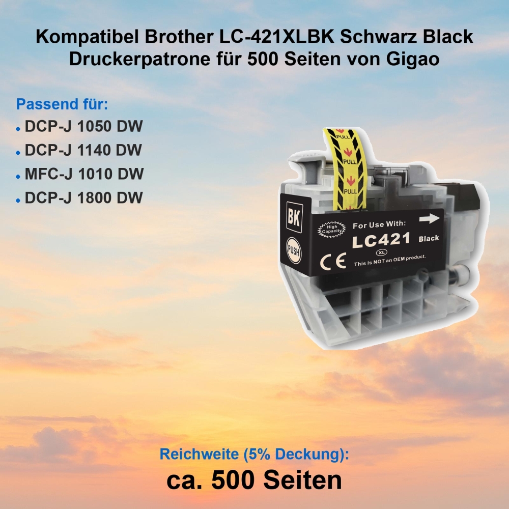 Kompatibel Brother LC-421XLBK Schwarz Black Druckerpatrone für 500 Seiten von Gigao