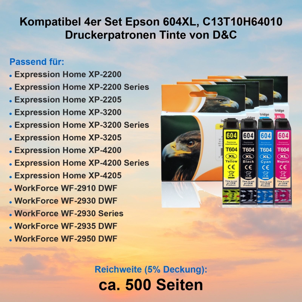 Kompatibel 4er Set Epson 604XL, C13T10H64010 Druckerpatronen Tinte von D&C