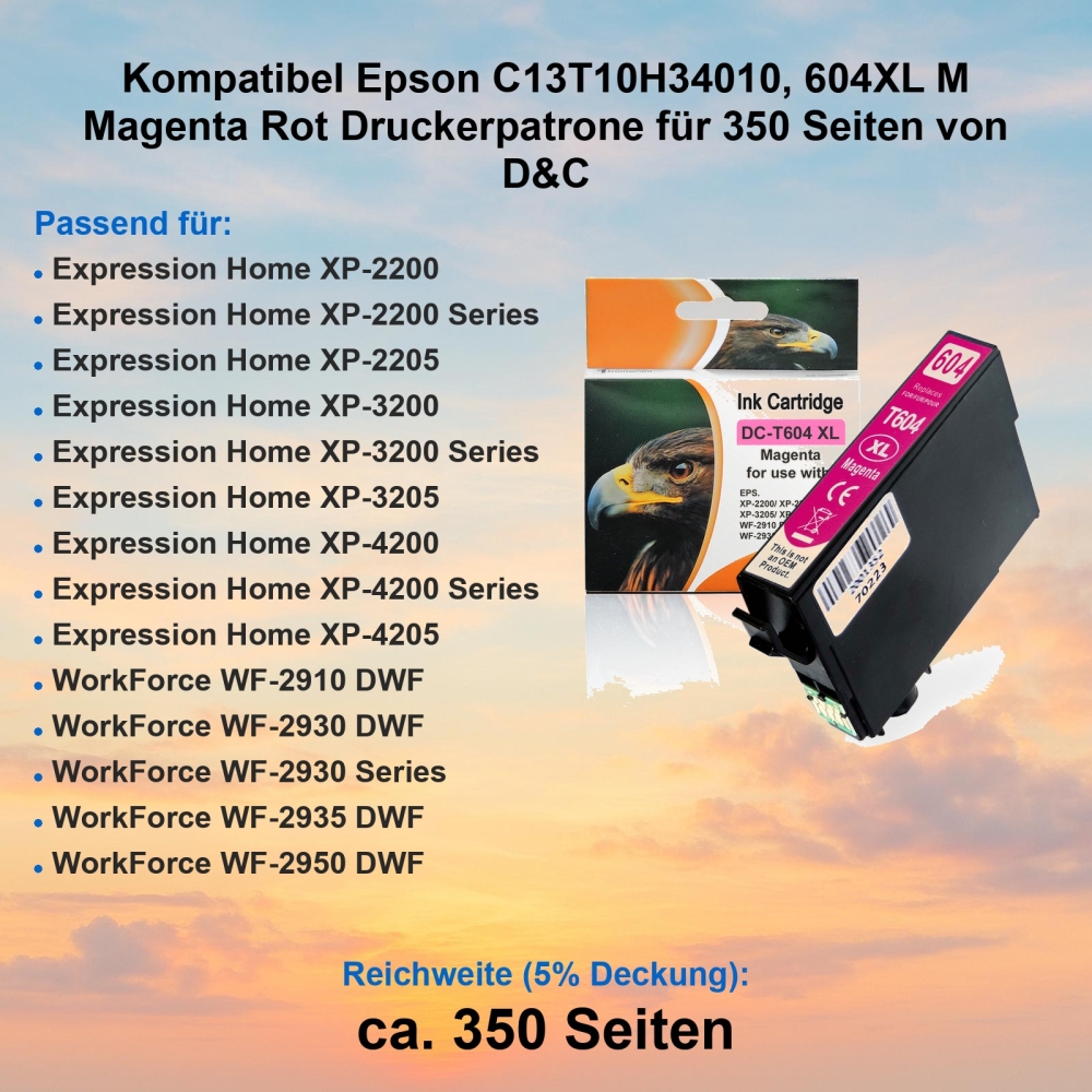 Kompatibel Epson C13T10H34010, 604XL M Magenta Rot Druckerpatrone für 350 Seiten von D&C