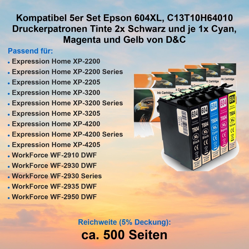 Kompatibel 5er Set Epson 604XL, C13T10H64010 Druckerpatronen Tinte 2x Schwarz und je 1x Cyan, Magenta und Gelb von D&C
