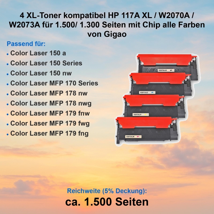 4 XL-Toner kompatibel HP 117A XL / W2070A / W2073A für 1.500/ 1.300 Seiten mit Chip alle Farben von Gigao
