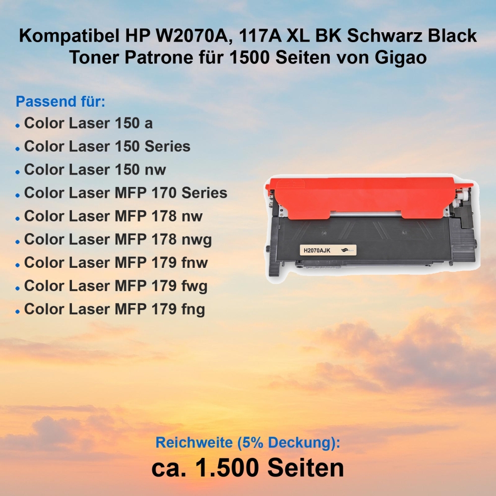 Kompatibel HP W2070A, 117A XL BK Schwarz Black Toner Patrone für 1500 Seiten von Gigao