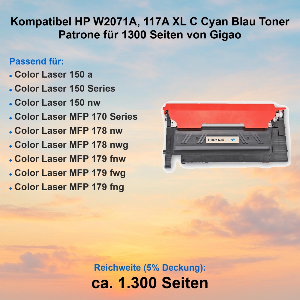Kompatibel HP W2071A, 117A XL C Cyan Blau Toner Patrone für 1300 Seiten von Gigao