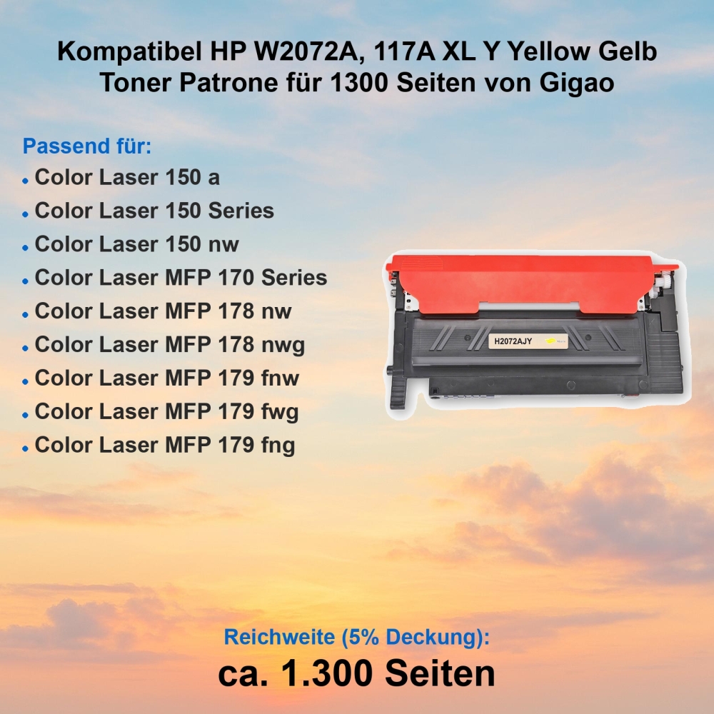 Kompatibel HP W2072A, 117A XL Y Yellow Gelb Toner Patrone für 1300 Seiten von Gigao