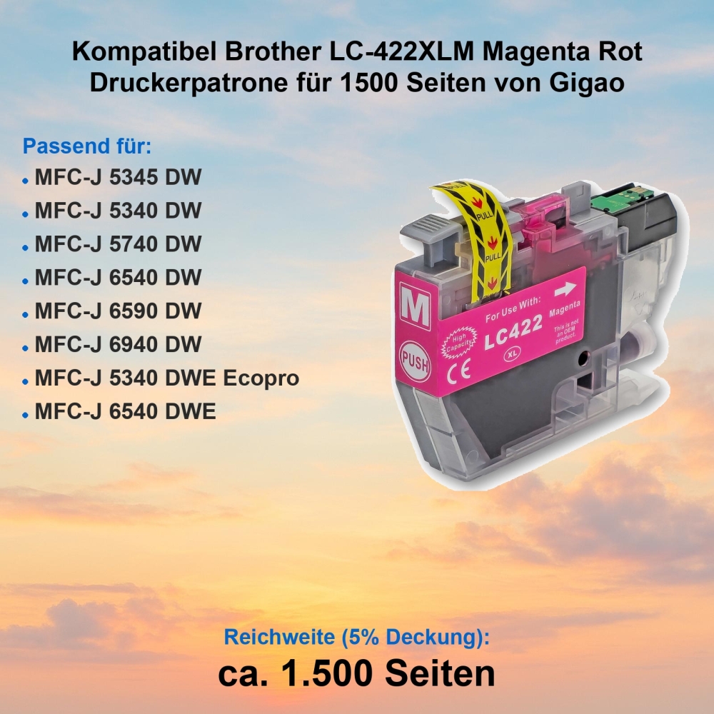 Kompatibel Brother LC-422XLM Magenta Rot Druckerpatrone für 1500 Seiten von Gigao