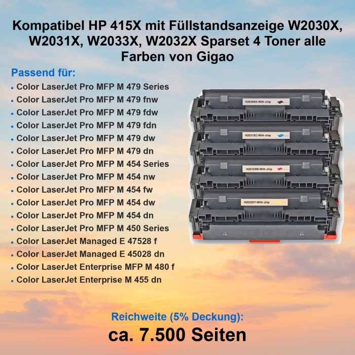 Kompatibel HP 415X mit Füllstandsanzeige W2030X, W2031X, W2033X, W2032X Sparset 4 Toner alle Farben von Gigao