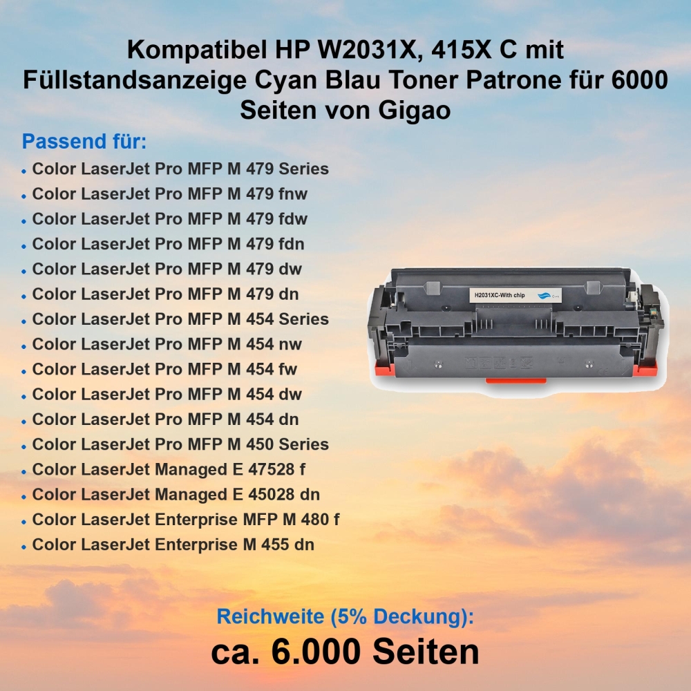 Kompatibel HP W2031X, 415X C mit Füllstandsanzeige Cyan Blau Toner Patrone für 6000 Seiten von Gigao