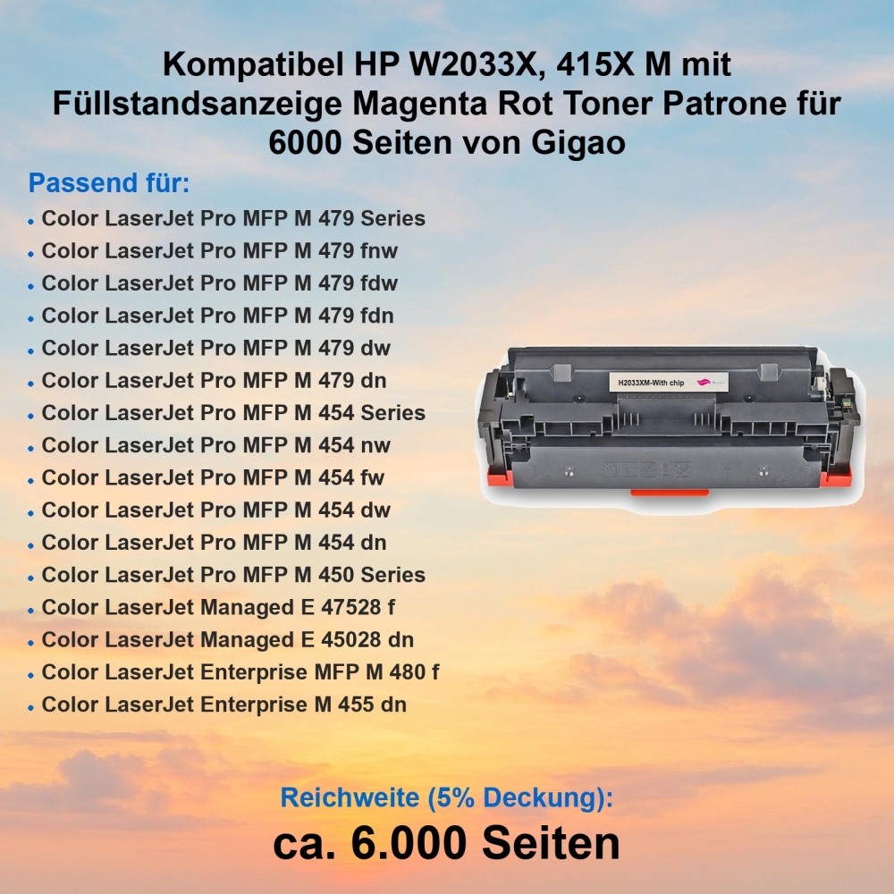 Kompatibel HP W2033X, 415X M mit Füllstandsanzeige Magenta Rot Toner Patrone für 6000 Seiten von Gigao