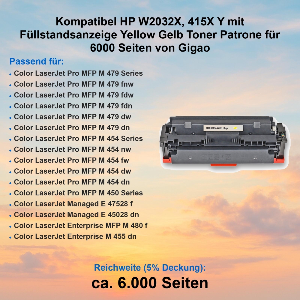 Kompatibel HP W2032X, 415X Y mit Füllstandsanzeige Yellow Gelb Toner Patrone für 6000 Seiten von Gigao