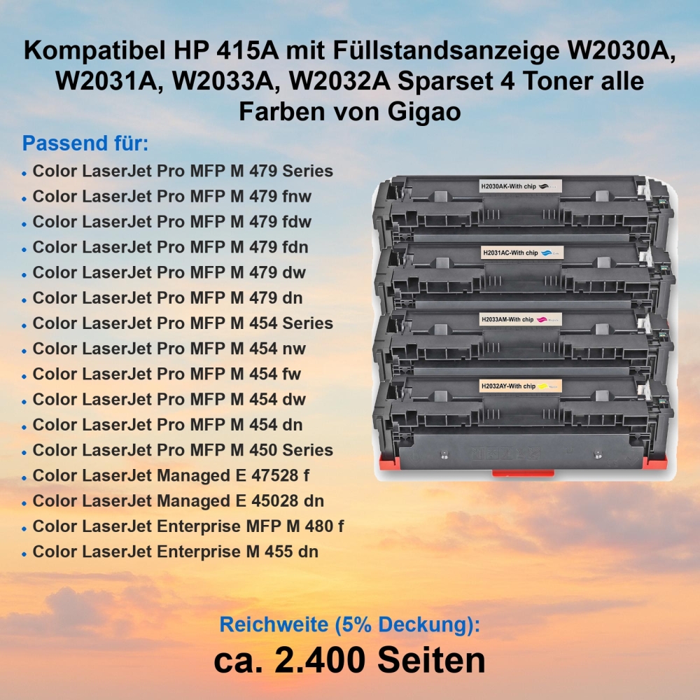 Kompatibel HP 415A mit Füllstandsanzeige W2030A, W2031A, W2033A, W2032A Sparset 4 Toner alle Farben von Gigao