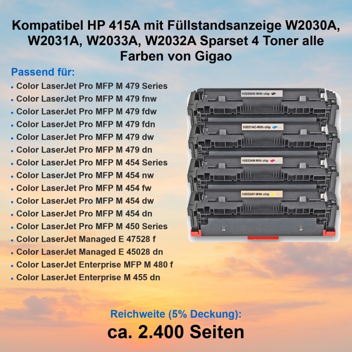 Kompatibel HP 415A mit Füllstandsanzeige W2030A, W2031A, W2033A, W2032A Sparset 4 Toner alle Farben von Gigao