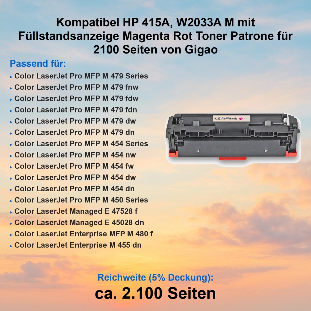Kompatibel HP 415A, W2033A M mit Füllstandsanzeige Magenta Rot Toner Patrone für 2100 Seiten von Gigao